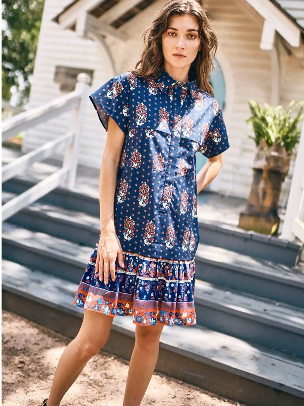 Hunter Bell Addison Dress Women's Navy Floral Short-Sleeve Ruffle-Hem Dress